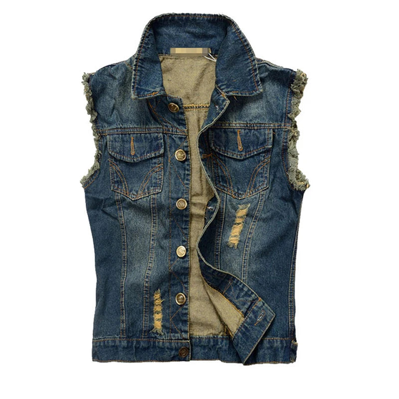 Summer Men Ripped Denim Vest Male waistcoat Man Retro Sleeveless Jacket