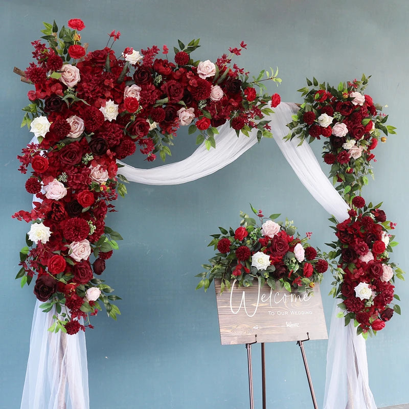 Wedding Flower Arrangement Burgundy Rose Flower Row Wedding Background Decoration