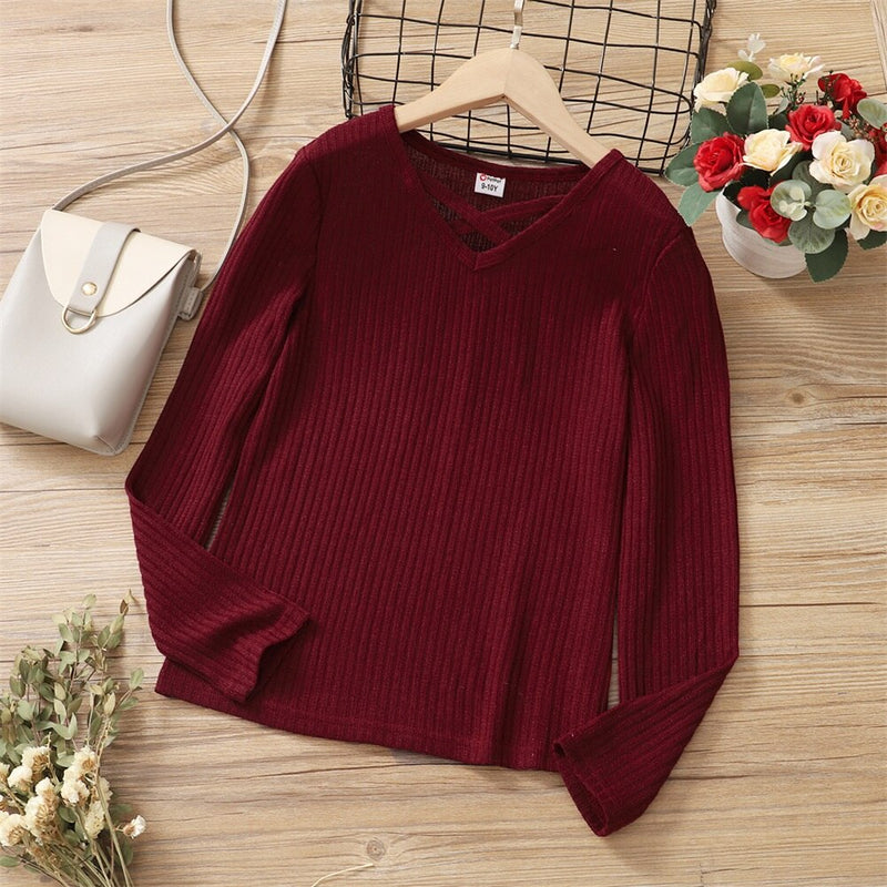 Pretty Kid Girl V Neck Crisscross Red Long-sleeve T-shirt