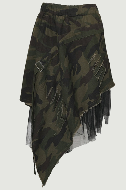 High Elastic Waist Army Green Mesh Irregular Long Half-body Skirt Women Tide Spring Autumn