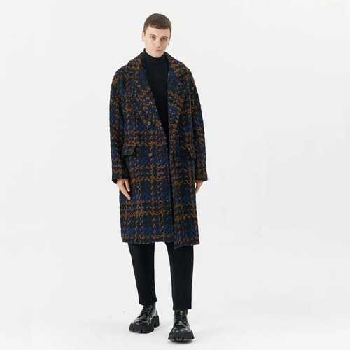 Autumn Winter Thick Warm Plaid Tweed Woolen Coat Men Double Breasted