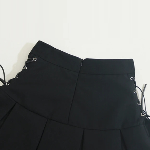 Women's Pleated Skirt Kawaii Gothic Black Mini Skirt Korean High Waist Bandage A-line Skirt Clothes Summer