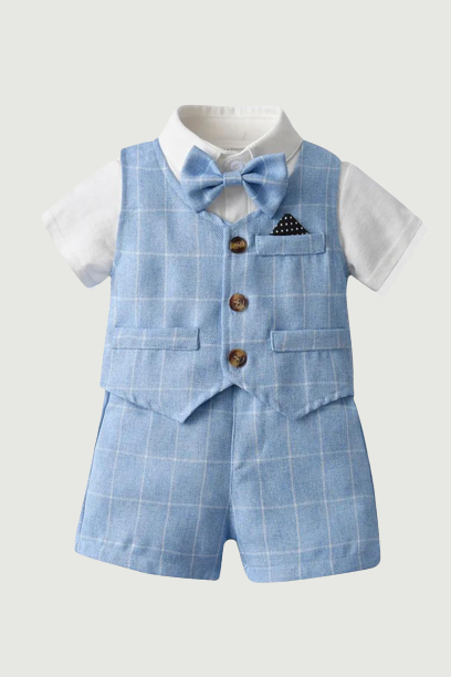 Baby Boy Formal Suit Blue Toddler Boy 1st Birthday Outfit Kids Party Suit Designer Dress Baby Bow Romper Shirt Shorts Vest