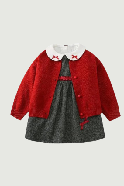 First Birthday Party Dress Set for Baby Girls Kids Red Knitted Cardigan