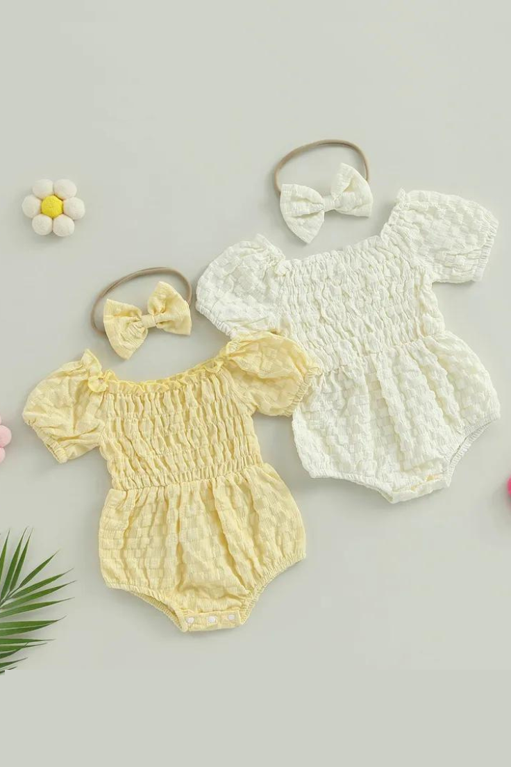 Lovely Summer Newborn Baby Girls Rompers Clothes Solid Ruched Off Shoulder Short Sleeve Bodysuits Jumpsuits Headband Outfits