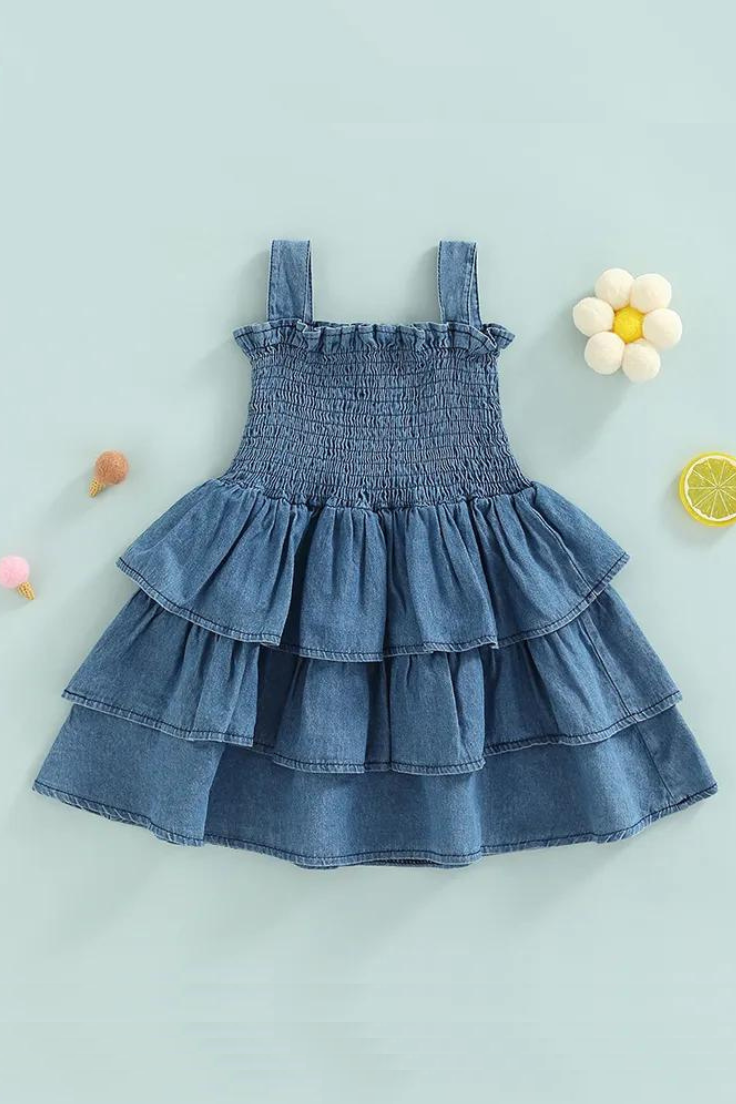 Little Girls Casual Dress Summer Toddler Kids Princess Girls Solid Denim Sleeveless Strap Layered Party Dresses for Child