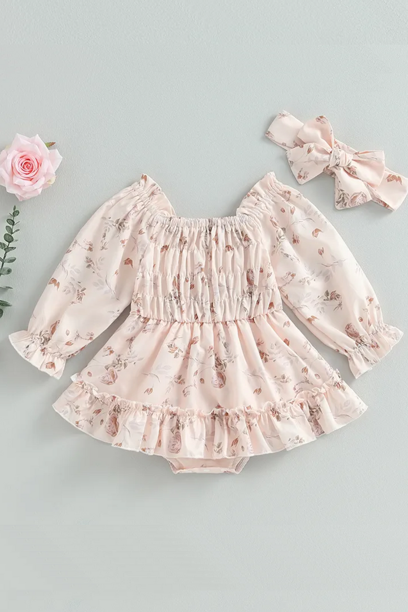 Baby Girl Fall Bodysuit Outfits Long Sleeve Floral Jumpsuit Dress with Headband Set