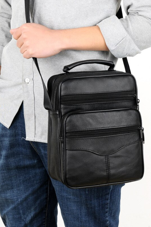 Male Black Crossbody Bag Luxury Leather Waterproof Handbag Businessmen Multifunctional Large Capacity Shoulder Bags