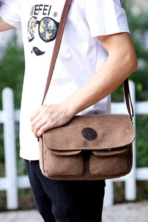 Men Messenger Bags Canvas Shoulder Bag Casual Style Satchels Solid Crossbody Bag Retro Small Bags