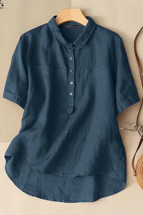 Elegant Half Sleeve Button Shirt Spring Cotton Chemise Female Women Casual Lapel Neck OL Tops