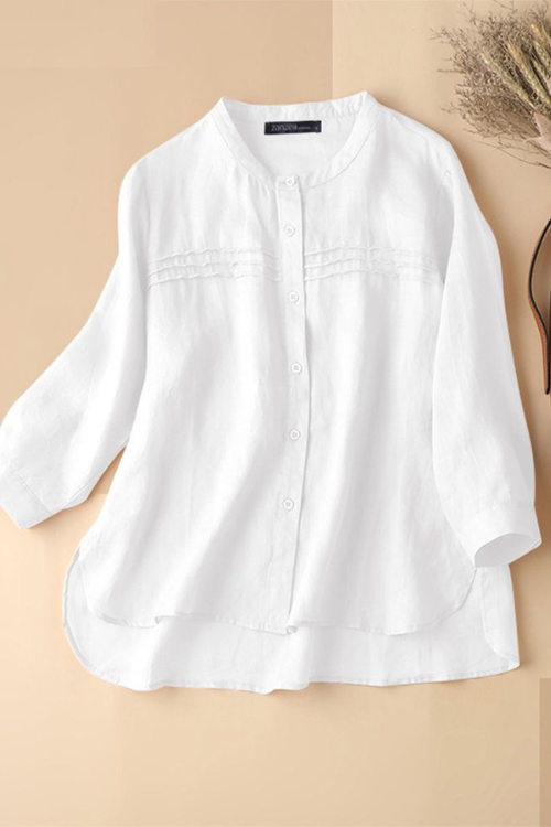 Summer Solid Women's Blouse Vintage Female Pure Cotton 3/4 Sleeve Shirt Elegant Button Down Blusas Holiday Tops