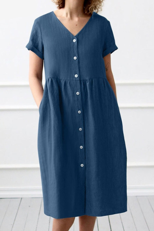 Solid Midi Dress Women Summer Short Sleeve V-Neck Dresses Mid-Calf Length Sundress Elegant Causal Holiday Baggy Robe