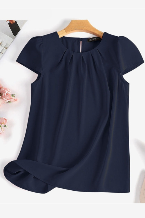 Short Sleeve Blouse Woman Solid O-Neck Buttons Tops Summer Elegant Office Shirt Female Casual Chemise