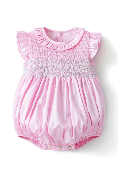 Baby Girl Smocked Romper Children Hand Made Pink Bubbles Ruffle Collar Cotton Clothes