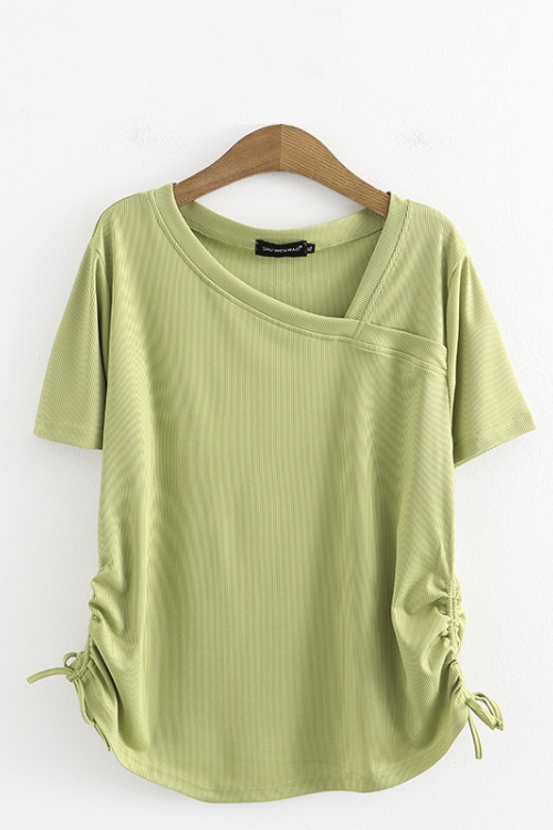 Summer Basic T-Shirt Women Skew Collar Tees Short Sleeve Drawstring On Both Sides Tops Curve Clothes