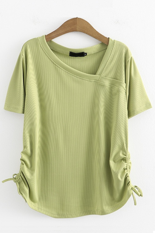 Summer Basic T-Shirt Women Skew Collar Tees Short Sleeve Drawstring On Both Sides Tops Curve Clothes