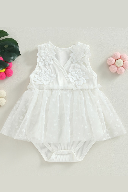 0-18M Toddler Infant Baby Girls Romper Sleeveless V Neck Flower Heart Tulle Patchwork Infant Bodysuit Jumpsuit Summer Clothes