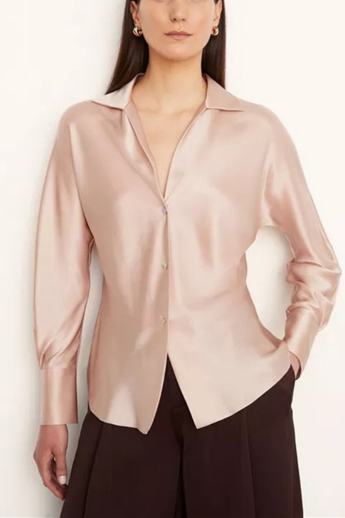 Elegant Ladies Solid Color Silk Satin Shirt Spring New Women Lantern Sleeves Single-Breasted Turn-Down Collar Blouse