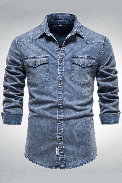 Men Denim Shirt Long Sleeve Casual Slim Fit Shirts Mens Two-pocket Spring Autumn Tops Mid-length Outwear Solid Top