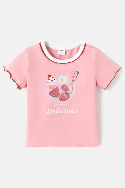 Toddler Girl Cotton Watermelon Print Lettuce Trim Short-sleeve Tee