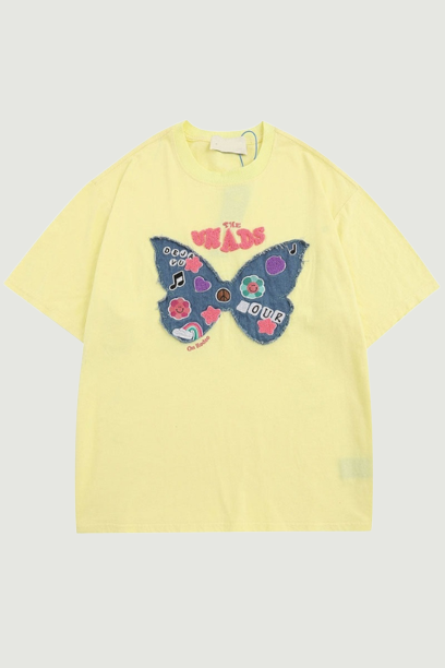 Retro Cute Embroidery Denim Butterfly Patch Streetwear Men Women Summer Cotton Top