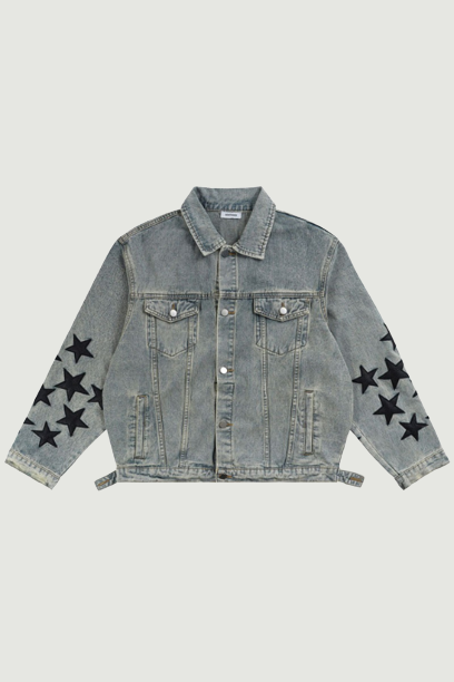Vintage Denim Jacket Streetwear Retro Embroidered Stars Denim Coats Women Casual Loose Jackets