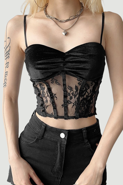 Goth Dark Romantic Lace Sheer Mall Gothic Velvet Ruched Sexy Bodycon Corset Tops Punk Women Backless Alt Streetwear