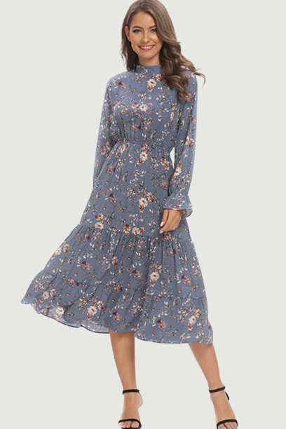 Summer Floral Chiffon Blue Dress Women O-Neck Long Sleeve Lotus Leaf Dress Female Mid Length A-line Chic Ladies Dress