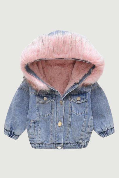 Large Fur Collar Girls Denim Jacket For Baby Children Clothes Coat Boys Winter Jackets Kids Lamb Cashmere Hooded Outwear