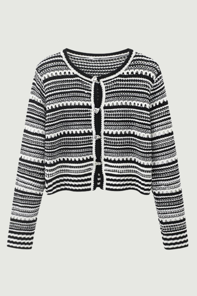 Sweater Cardigan White Black Striped Knitted Sweater Women Short Cardigan Long Sleeve Cardigan Female