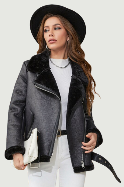 Winter Leather Women Jacket Fur Locomotive Retro with Belt Biker Warm Padded Coat Female Parkas Black Zip Chic Tops