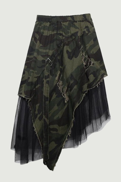 Women Skirt Autumn Retro Mesh Spliced Camouflage Denim Skirts Loose Leisure Long Ladies Skirts New