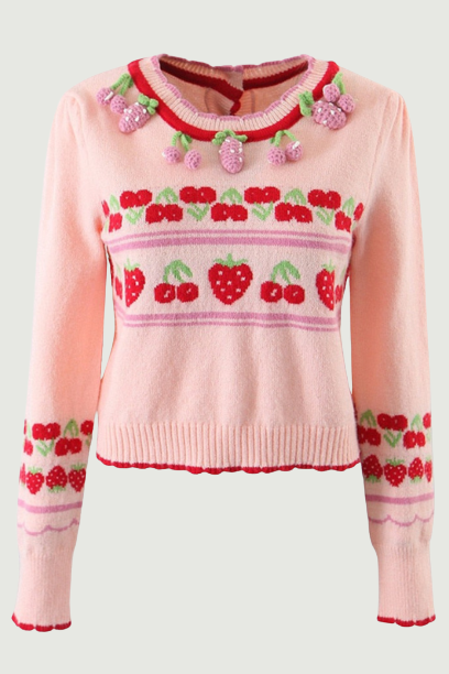Women Autumn Winter Knit Cardigan Slim Cute O-Neck Strawberry Jacquard Reverse Wear Long Sleeve Sweater Female