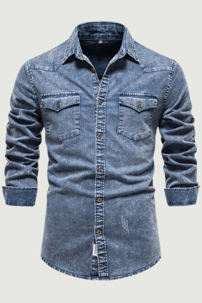 Men Denim Shirt Long Sleeve Casual Slim Fit Shirts Mens Two-pocket Spring Autumn Tops Mid-length Outwear Solid Top