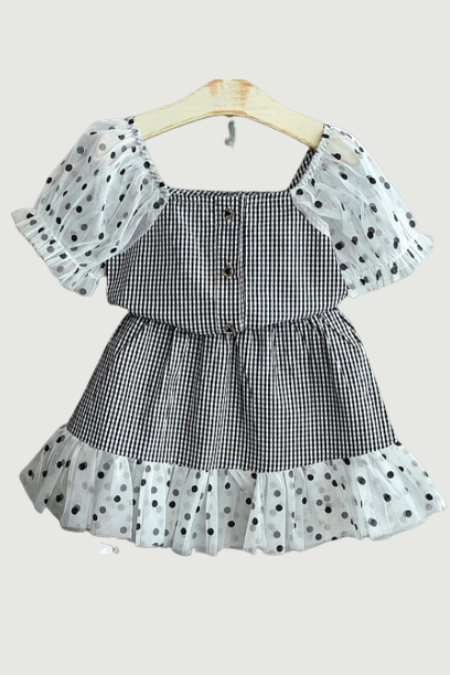 Girls Suit Summer Wave Dot Puff Sleeve Stitching Plaid Top T-shirt + Lace Skirt