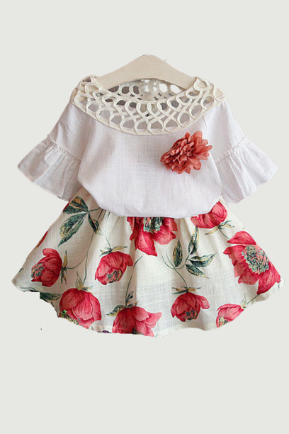 children wear summer female baby hollow horn sleeve blouse flower skirt