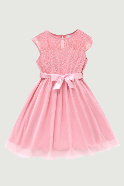 Kid Girl Guipure Lace Panel Flutter-sleeve Belted Dress