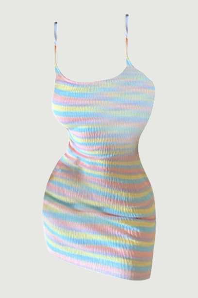 Women's Dress Summer Spaghetti Strap Rainbow Stripe Mini Dress Elegant Ladies A-line Party Club Sundress Vintage