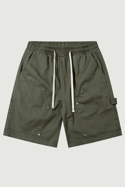 American Style Washed Solid Color Knee-length Shorts Casual Short Pants Mens Summer Loose Drawstring Elastic Waist Multi-Pocket