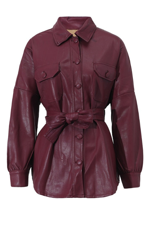 Leather Belted Jacket New Lapel Long Sleeve Women Coat Spring Autumn