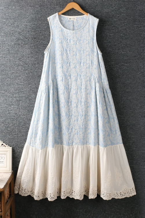 Summer Sweet Embroidered Dress Women Round Neck Casual Sleeveless Dress