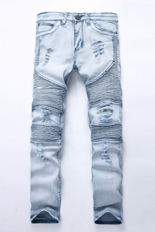 Men jeans Washed Light blue Moto Denim Pants Ripped Rider Biker Jeans Motorcycle Hip Hop For Skinny Stretch Hip Hop