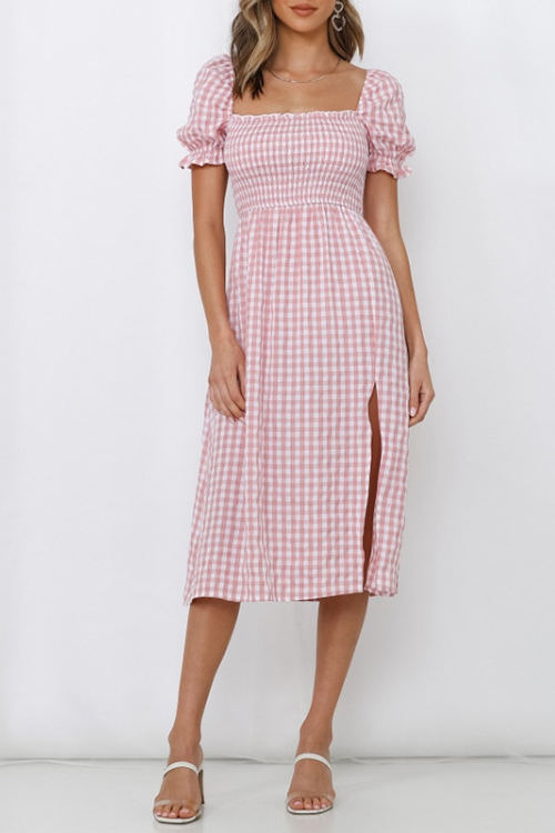 Dress Women Summer Square Neck Short Puff Sleeve Shirred Casual Plaid Dress Midi Dress With Slit Dresses For Women Sundress