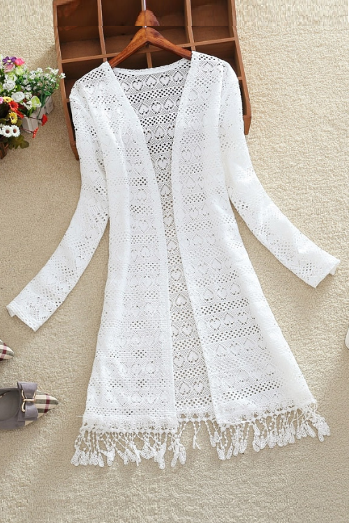 Women Slim Thin Lace Jacket Summer Long Sleeve Hollowing Tassels Medium Long Cardigan Womens Outerwear