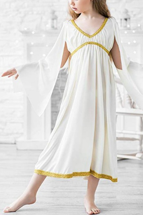 Girls V-neckline Gold Trim Greek Princess Church Celebration Praise Dance Costume Cosplay Party Dress Up Kids Role Play Dress