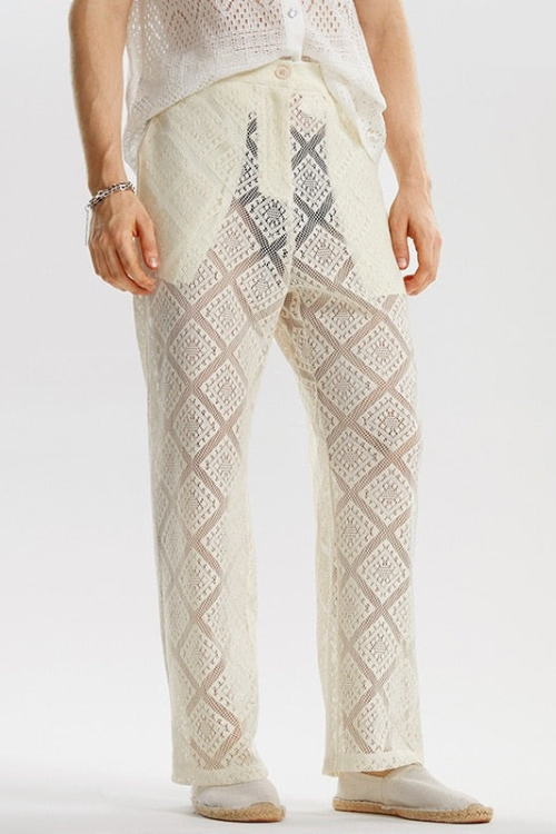 American Style Men Trousers Sexy See-through Lace Long Pants Male Diamond Patterned