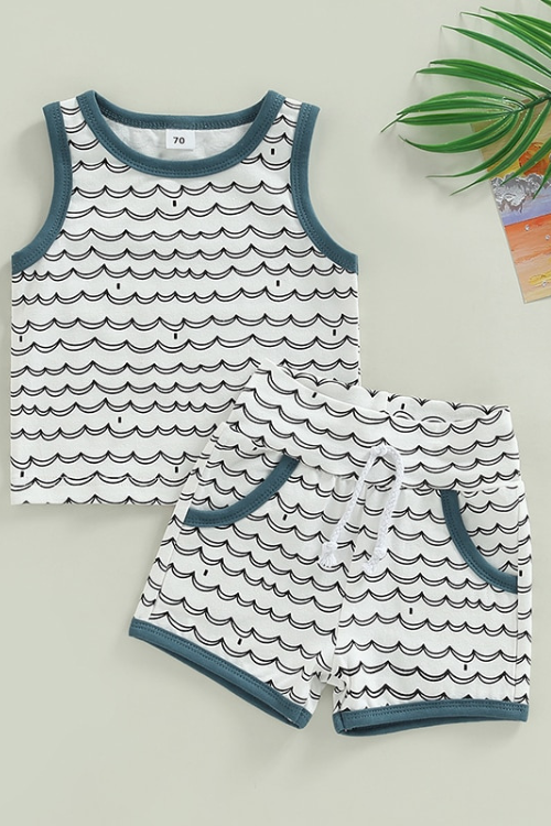 Baby Boy Summer Clothing Outfits Wave Stripe Sleeveless Tank Tops and Stretch