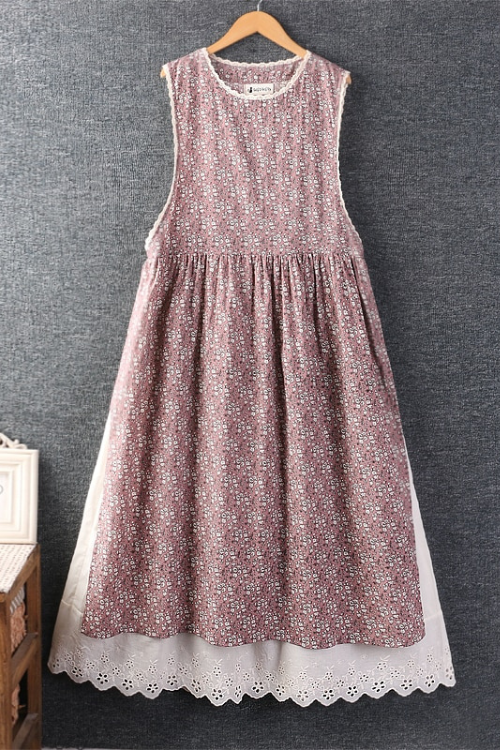 Summer Women Cotton And Linen Loose Floral Dress Vest Dress