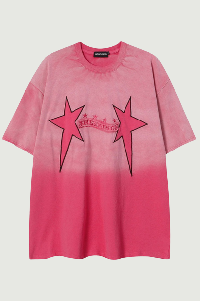 Hip Hop Tie Dye T-Shirt Vintage Retro Embroidery Star Letter Washed Tshirt Streetwear Punk Gothic Loose Tops Pink