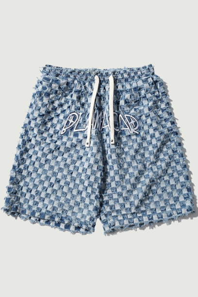 Men Plaid Shorts Streetwear Hip Hop Embroidery Letter Baggy Shorts Summer Elastic Waist Pants Blue